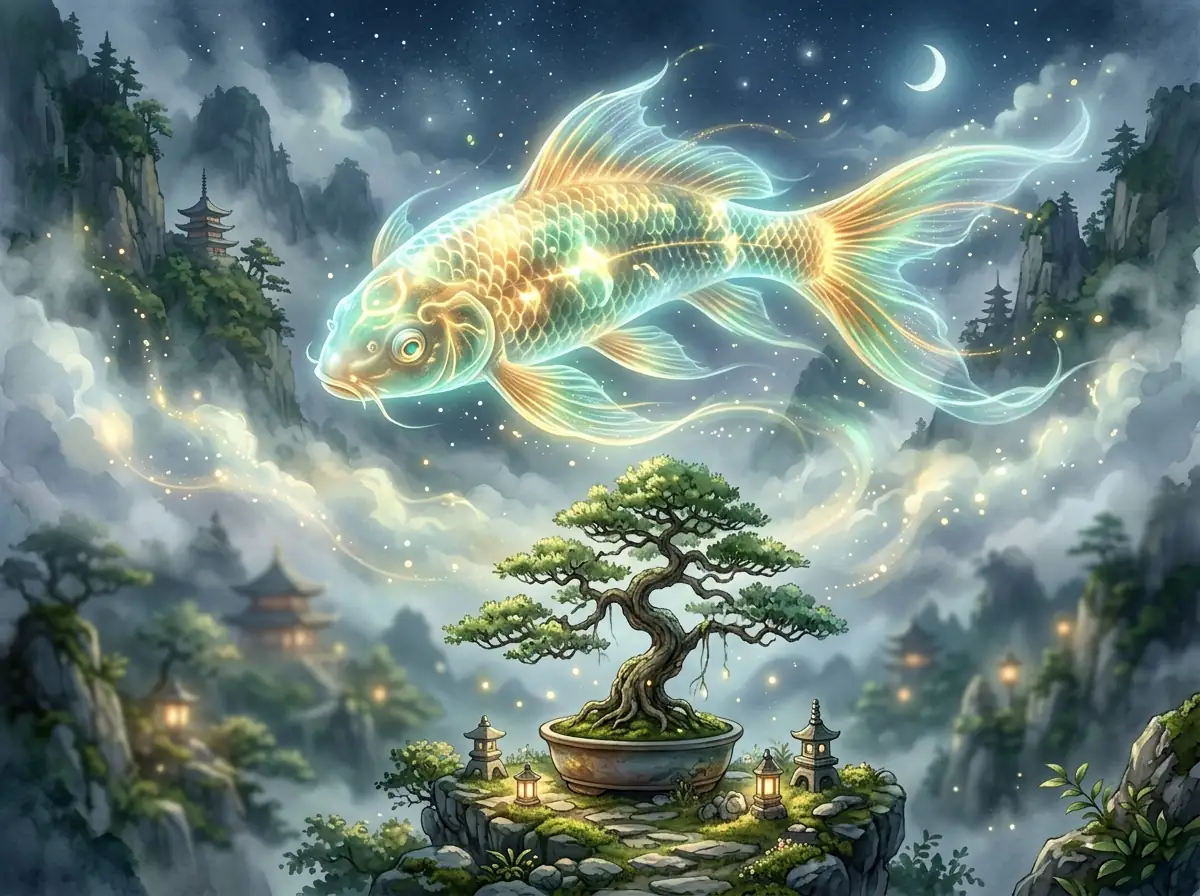 Kiku the spirit koi swimming in mist