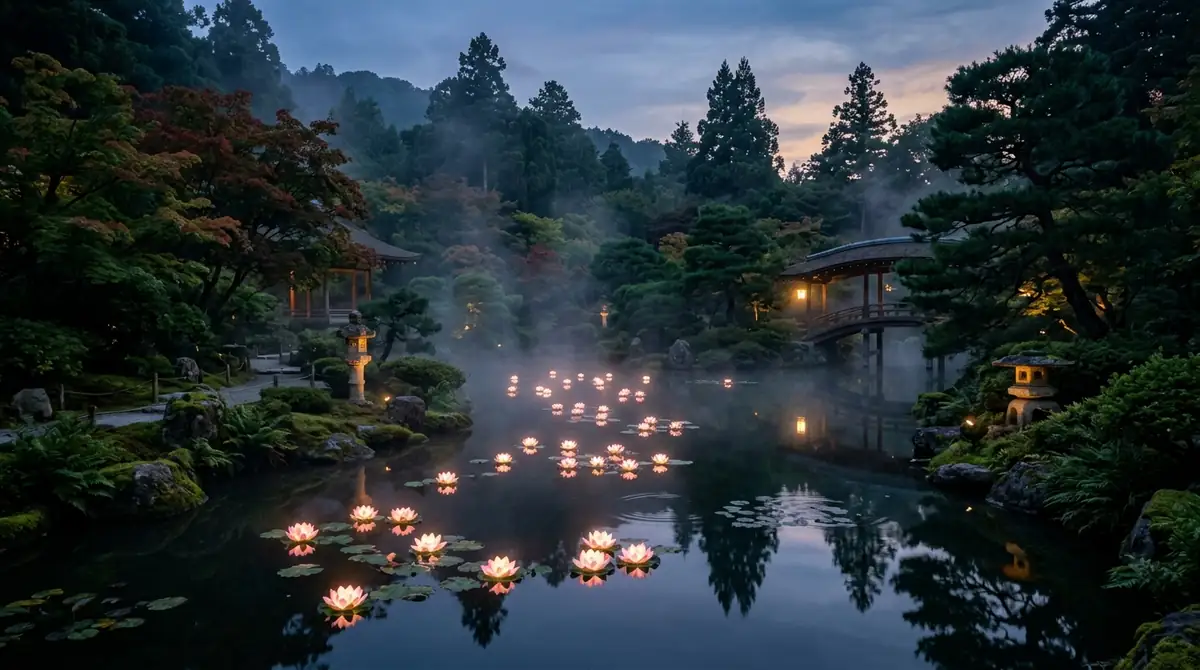Tranquil misty Japanese water garden